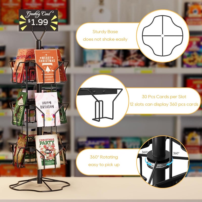 ORLESS Greeting Card Rack Display Stand, 3 Tier Rotating Card Holder Display Retail, 12 Pocket Metal Postcard Holder Display Stand, Greeting Card Holder for Postcards, Brochures, Stickers, Showcase(Black) - Image 1